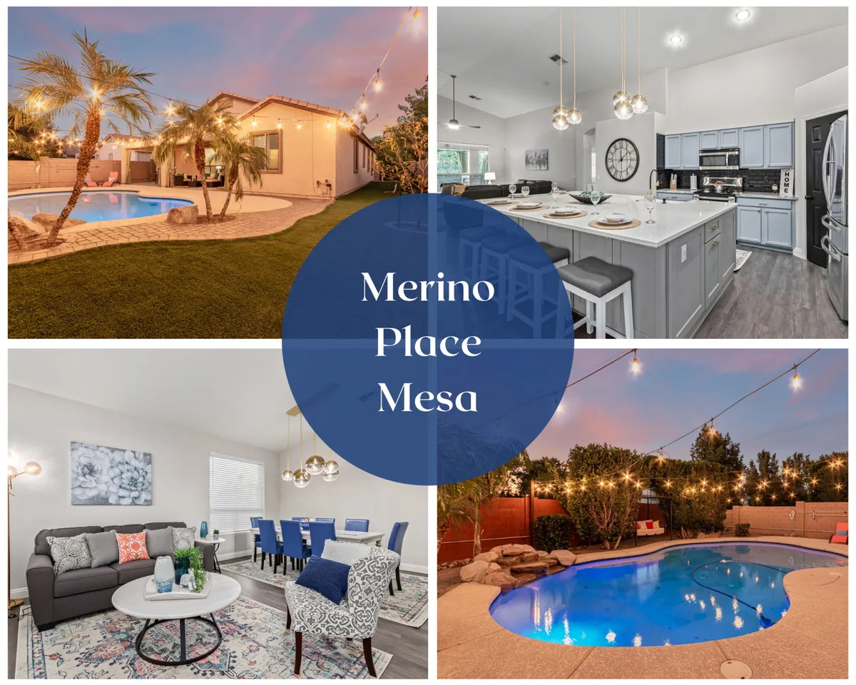 The hero image showcases the home's inviting backyard at sunset, featuring a sparkling heated swimming pool, a spacious patio with cozy seating, a fire pit for evening gatherings, and views into the open-concept kitchen and dining area. The scene conveys an atmosphere of warmth, relaxation, and togetherness, perfect for families or groups seeking a memorable getaway.